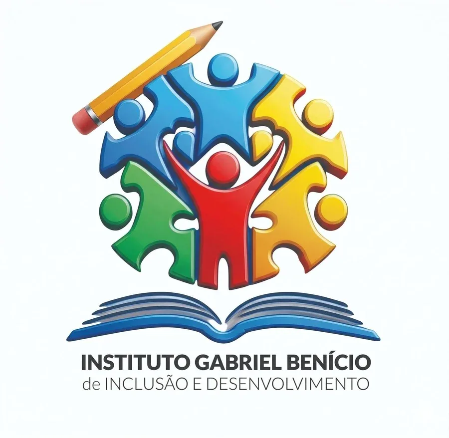 Logótipo do Instituto Gabriel Benício de Inclusão e Desenvolvimento: figuras humanas em peças de puzzle coloridas, um lápis, e um livro aberto por baixo.